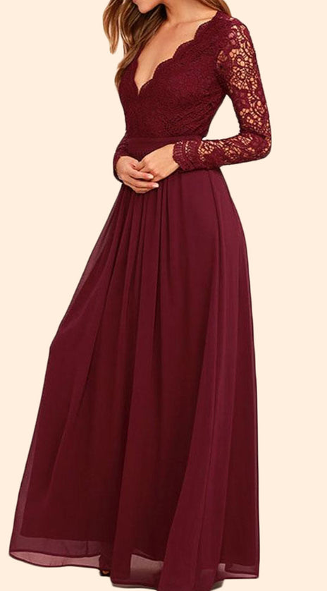 MACloth Long Sleeves V neck Lace Chiffon Long Prom Dress Burgundy Evening Formal Gown