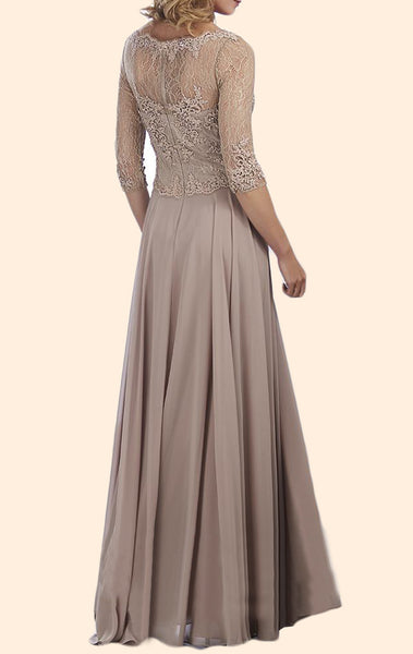 MACloth 3/4 Sleeves Lace Chiffon Long Mother of the Brides Dress Pewter Evening Gown