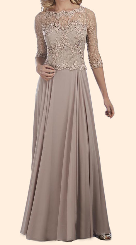 MACloth 3/4 Sleeves Lace Chiffon Long Mother of the Brides Dress Pewter Evening Gown