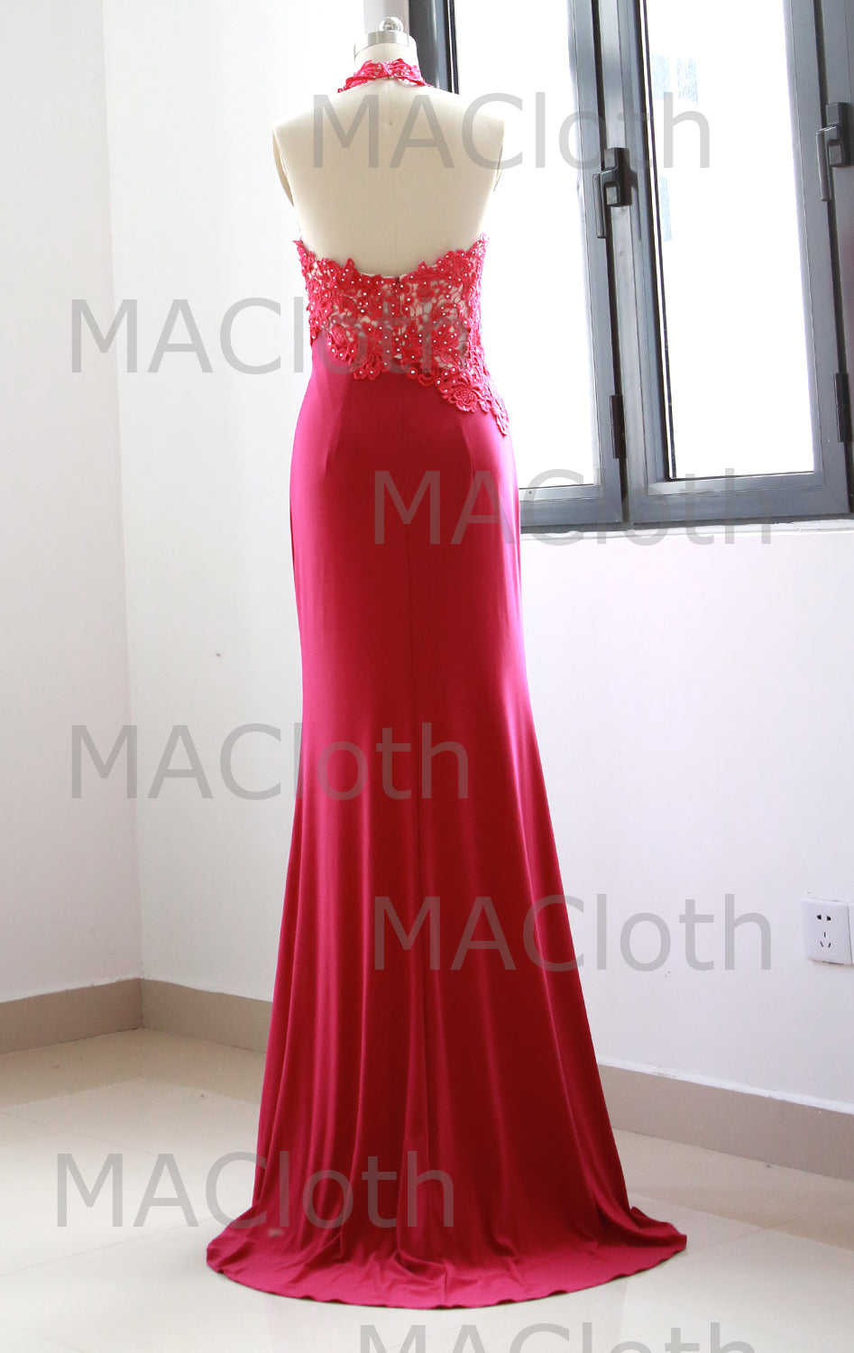 MACloth Neckholder Spitzenjersey Langes Ballkleid Fuchsia Abendkleid