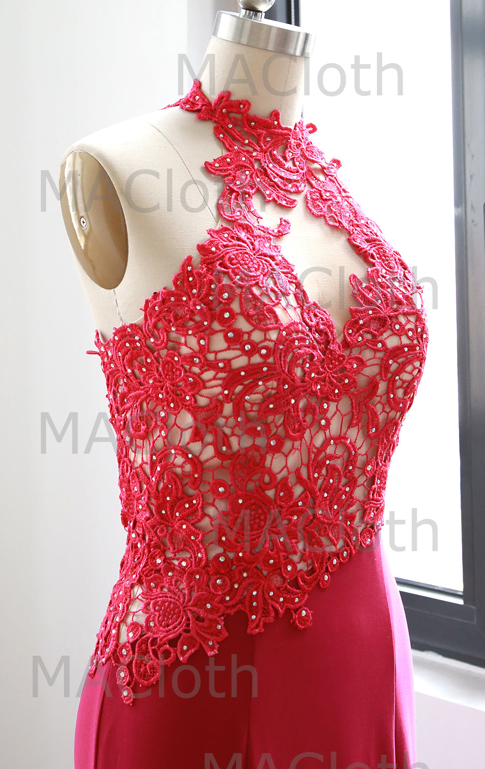 MACloth Neckholder Spitzenjersey Langes Ballkleid Fuchsia Abendkleid