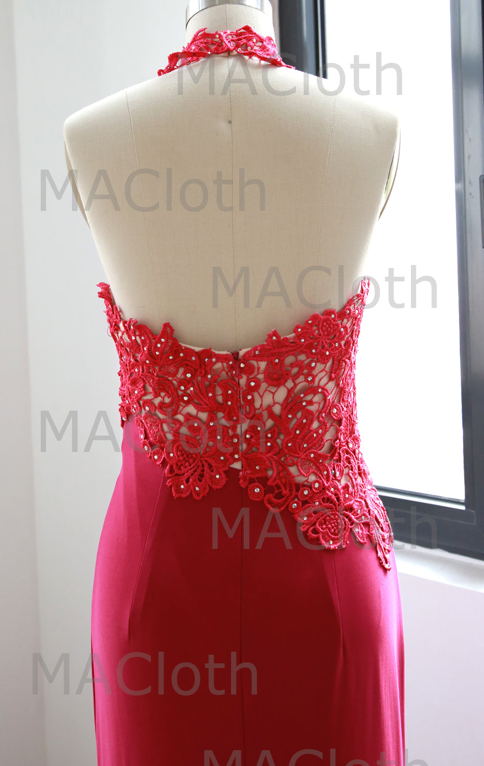 MACloth Neckholder Spitzenjersey Langes Ballkleid Fuchsia Abendkleid