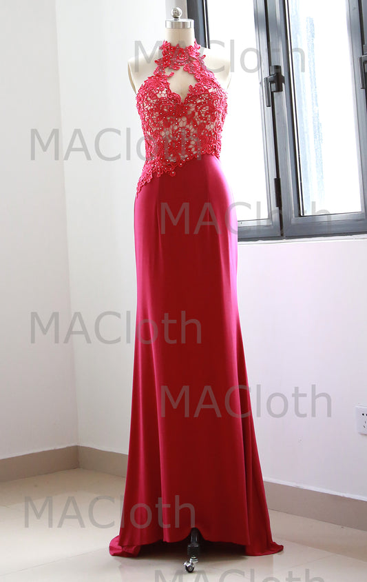 MACloth Halter Lace Jersey Long Prom Dress Fuchsia Evening Formal Gown