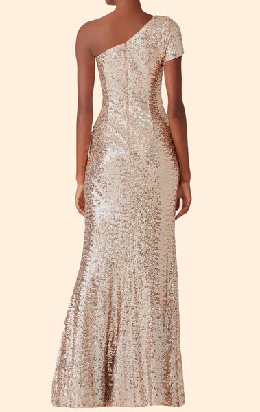 MACloth One Shoulder Sequin Long Bridesmaid Dress Rose Gold Simple Prom Gown