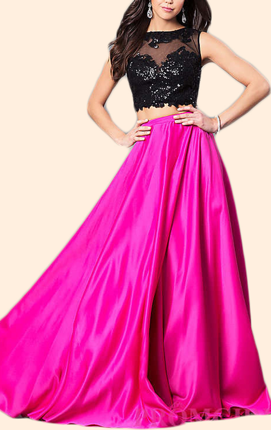Vestido de fiesta largo de dos piezas con lentejuelas fucsia de MACloth 2018, vestido de noche formal