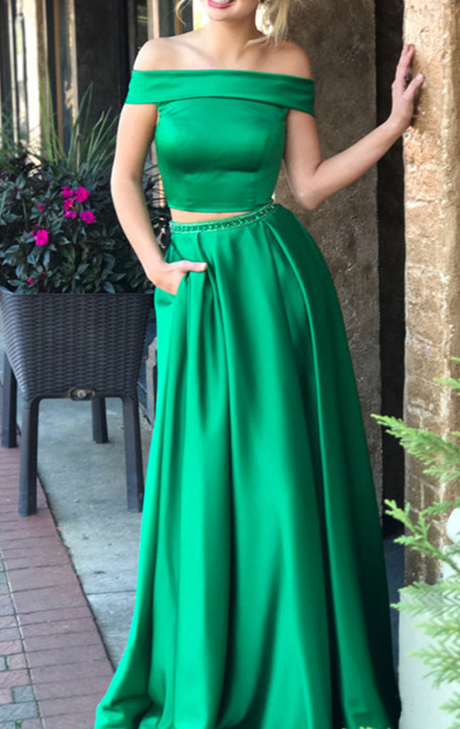 MACloth Off the Shoulder Two Piece Green Long Prom Dress Formal Evening Gown