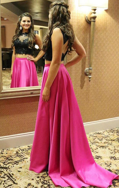MACloth Two Piece Sequin Fuchsia Long Prom Dress 2018 Formal Evening Gown
