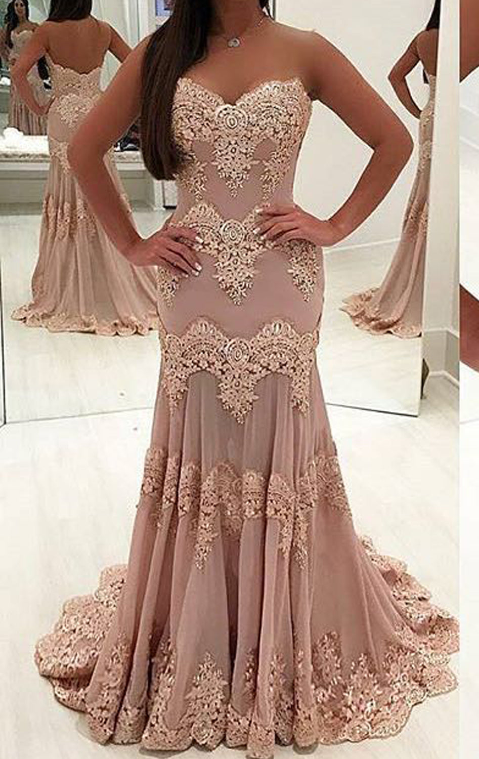 Vestido de fiesta largo de encaje con escote en forma de corazón y sirena sin tirantes de MACloth