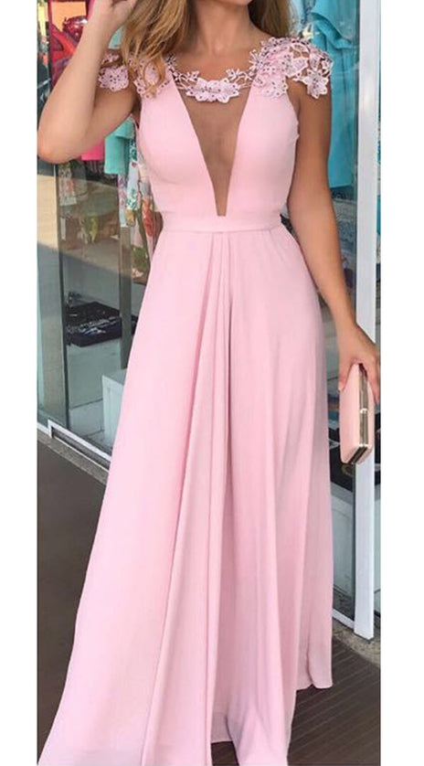 MACloth Cap Sleeves Deep V Neck Pink Long Prom Dress Vintage Wedding Party Dress