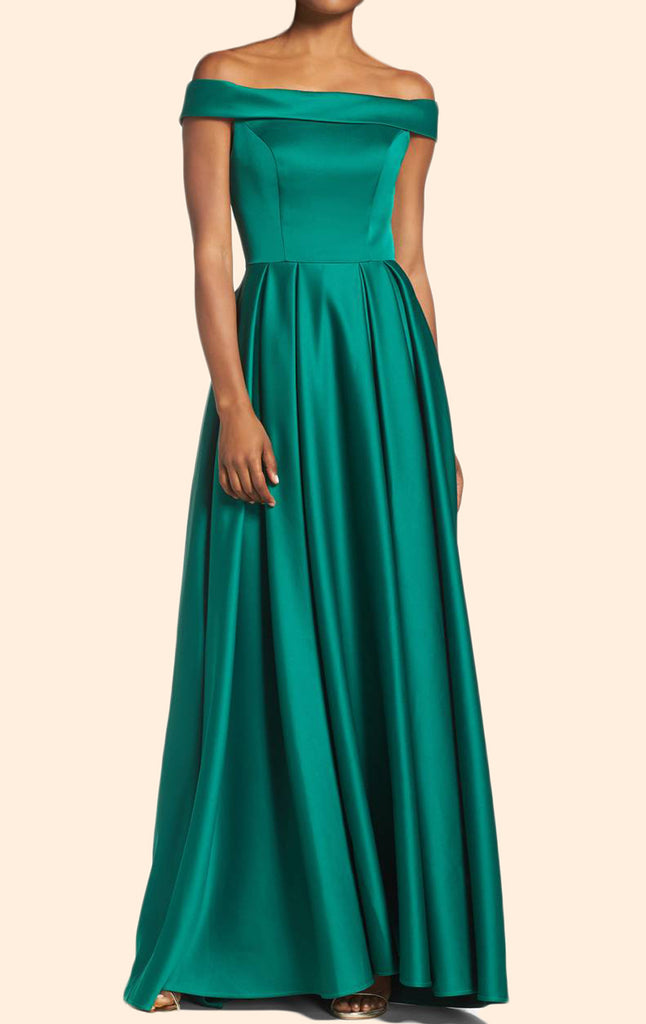 MACloth Off the Shoulder Satin Green Long Prom Dress Elegant Formal Evening Gown