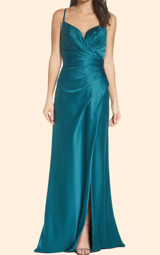 MACloth Straps V neck Teal Long Prom Dress Satin Evening Formal Gown