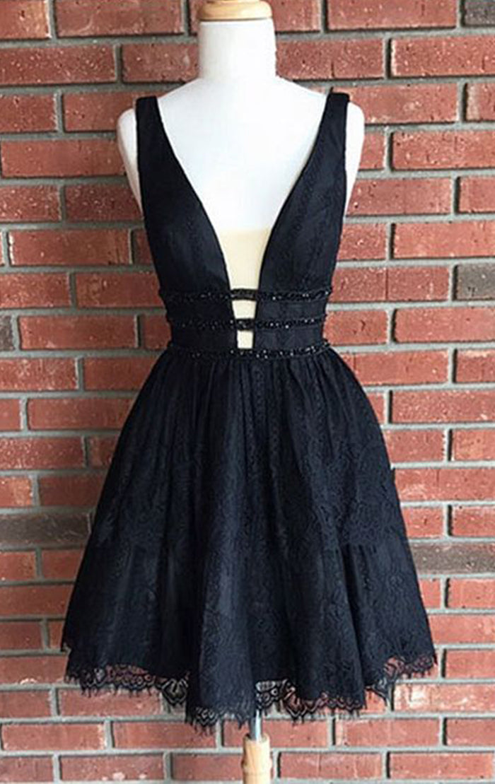 MACloth Deep V Neck Black Lace Short Prom Homecoming Dress Little Black Dress