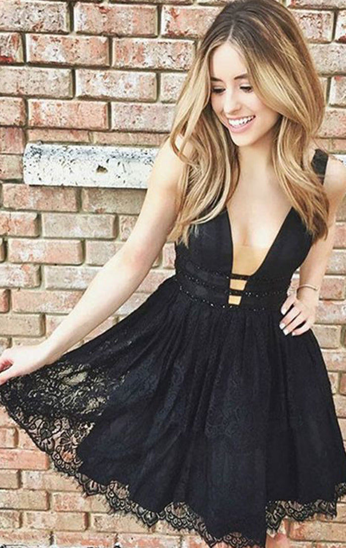 MACloth Deep V Neck Black Lace Short Prom Homecoming Dress Little Black Dress