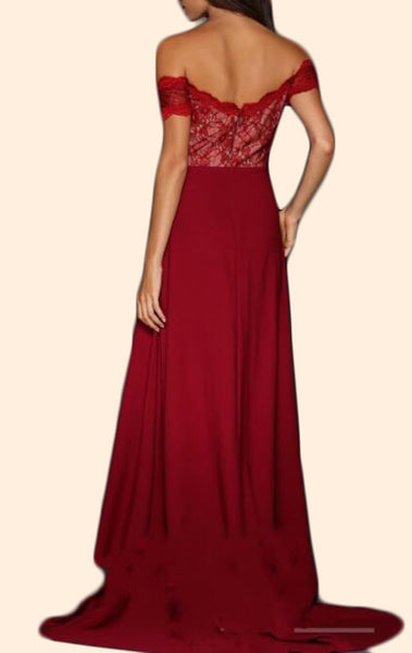 MACloth Off the Shoulder Lace Chiffon Long Prom Dress Burgundy Formal Gown