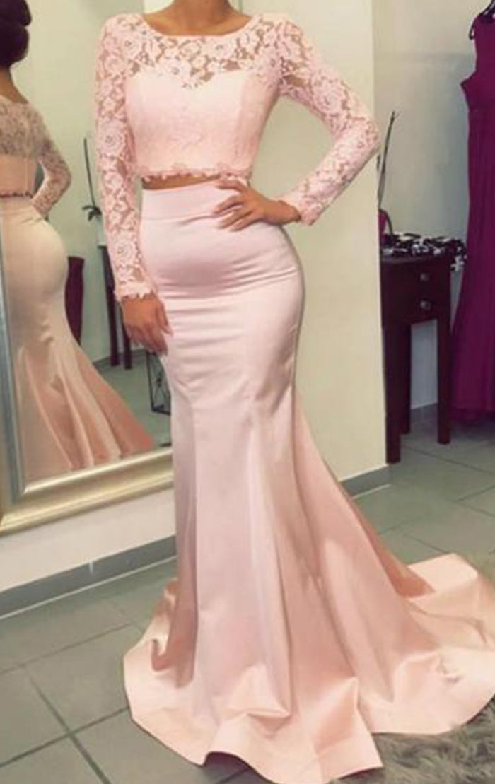 Vestido de fiesta de sirena de encaje de manga larga de dos piezas MACloth, vestido de noche formal rosa