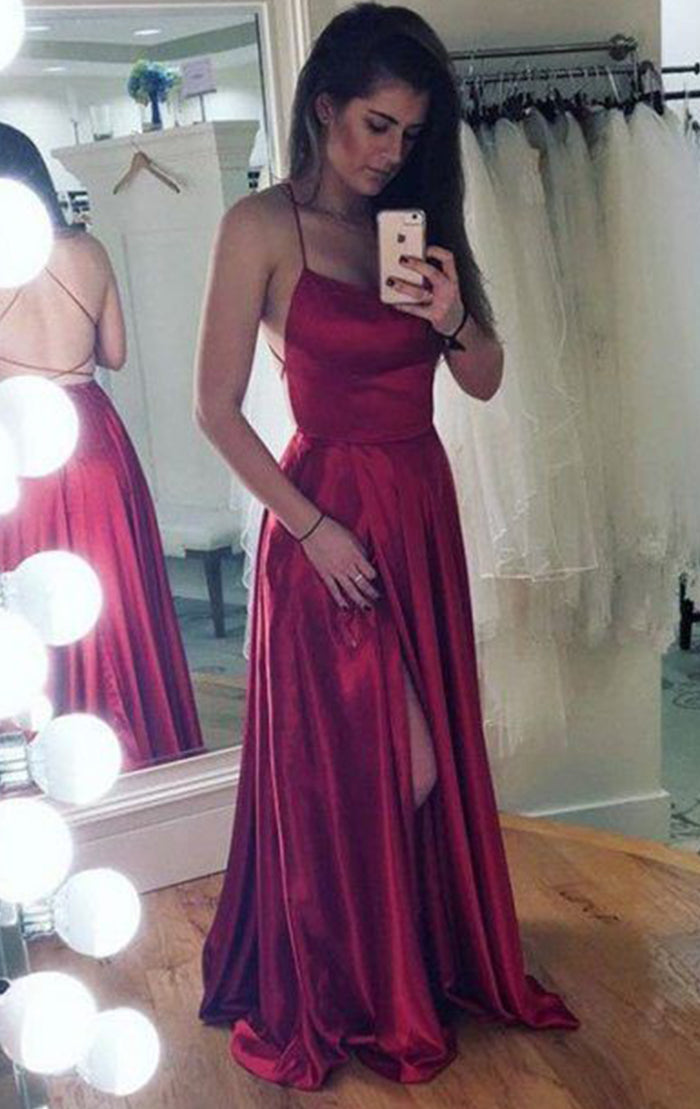 Vestido de fiesta largo de satén y gasa con tirantes finos de MACloth, vestido de noche formal rojo