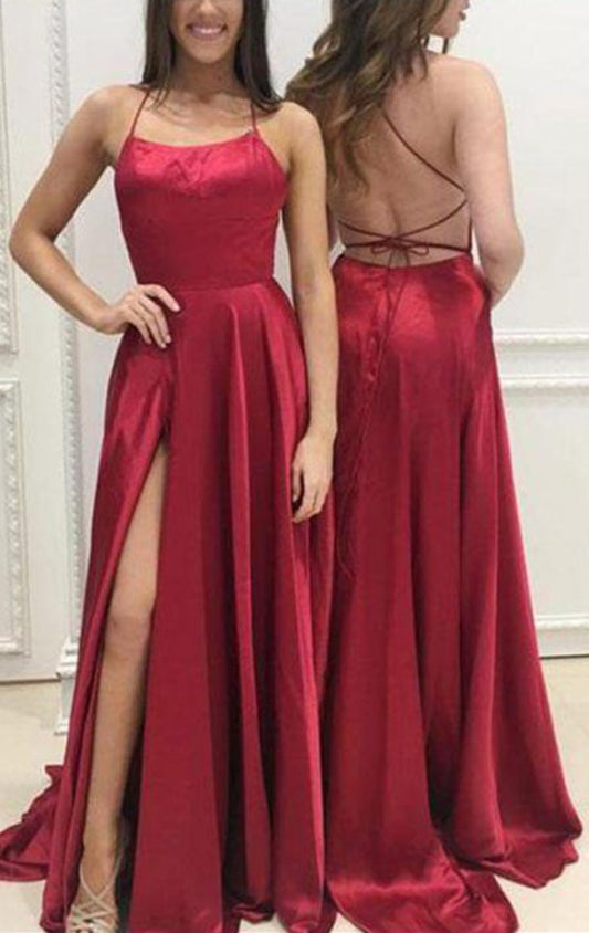 MACloth Spaghetti Straps Satin Chiffon Long Prom Dress Red Formal Evening Gown