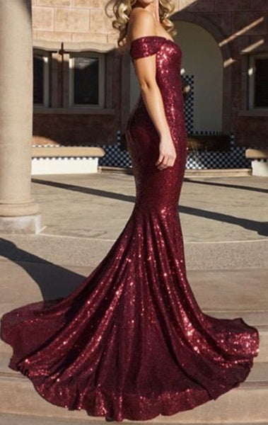 MACloth Off the Shoulder Mermaid Sequin Long Prom Dress Burgundy Formal Evening Gown