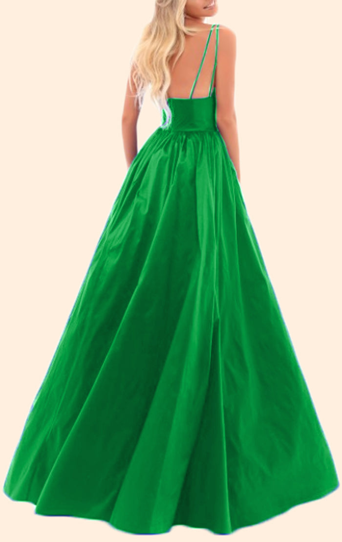 MACloth Straps V neck Satin Long Prom Green Dress Formal Evening Gown