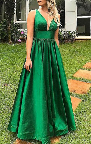 MACloth Straps V neck Satin Long Prom Green Dress Formal Evening Gown