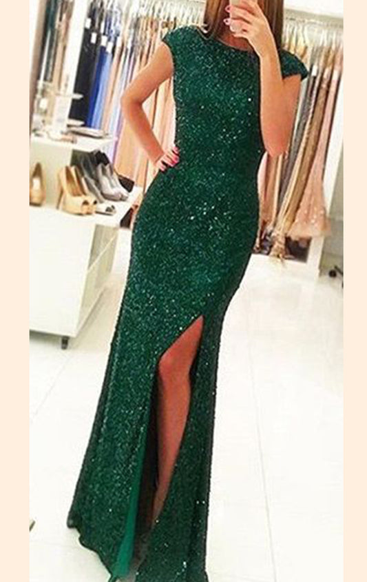 MACloth Cap Sleeves Sequin Long Prom Dress Green Formal Evening Gown