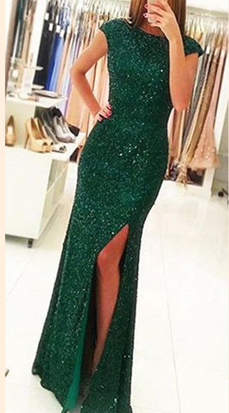 MACloth Cap Sleeves Sequin Long Prom Dress Green Formal Evening Gown
