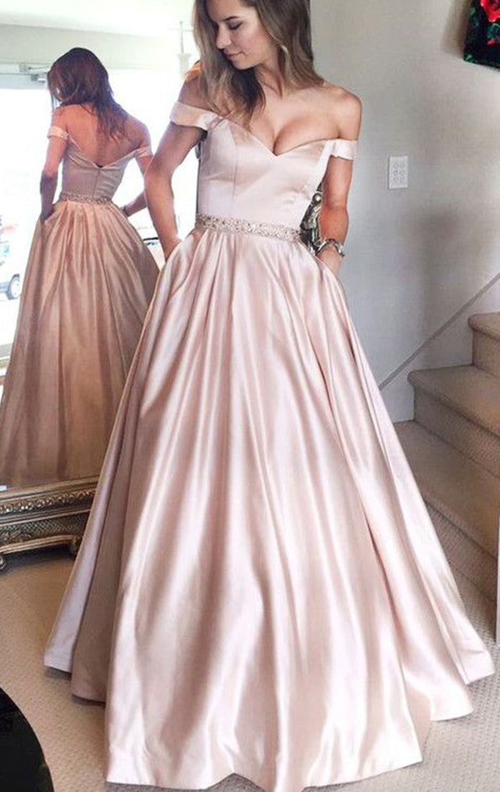 MACloth Off the Shoulder Pink Prom Gown Satin Ball Gown Formal Evening Dress