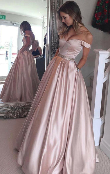 MACloth Off the Shoulder Pink Prom Gown Satin Ball Gown Formal Evening Dress