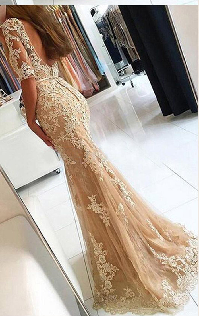 MACloth Mermaid Half Sleeves Champagne Prom Dress Lace Formal Evening Gown Champagne / Tea Length / US16