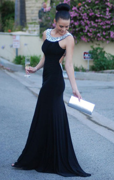 MACloth Halter Black Jersey Long Prom Dress Open Back Formal Evening Gown