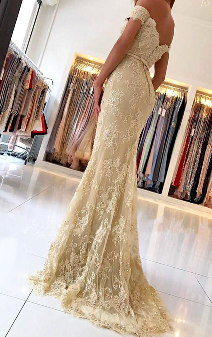 MACloth Off the Shoulder Mermaid Lace Prom Dress Champagne Formal Evening Gown Champagne / Tea Length / US12