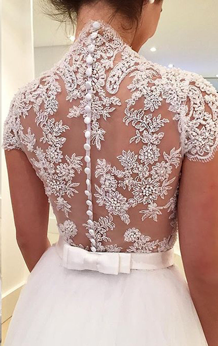 MACloth Cap Sleeves Lace Tulle White Prom Dress Gorgeous Wedding Gown