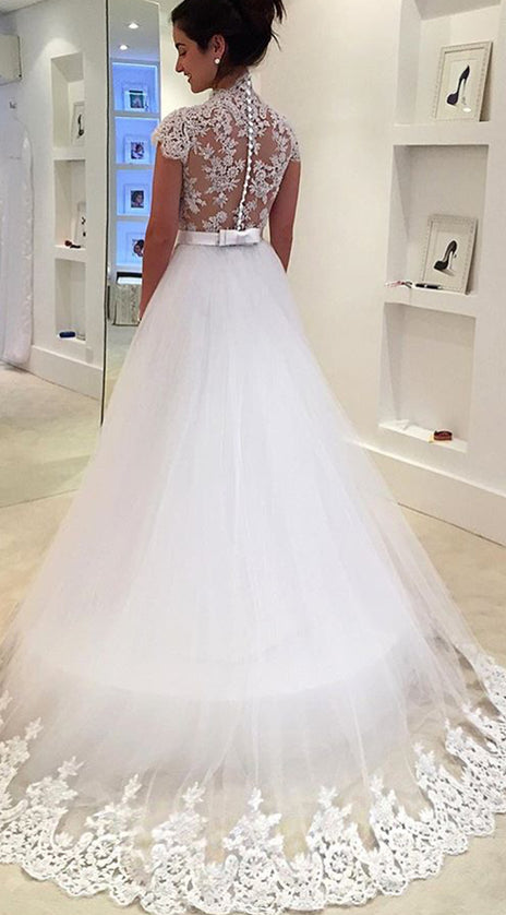 MACloth Cap Sleeves Lace Tulle White Prom Dress Gorgeous Wedding Gown