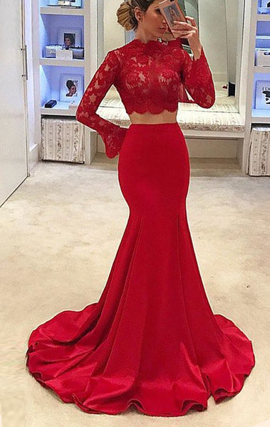 MACloth Mermaid Long Sleeves Lace Red Prom Dress Long Formal Evening Gown