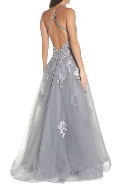 MACloth Spaghetti Straps Lace Tulle Long Prom Dress Silver Formal Evening Gown