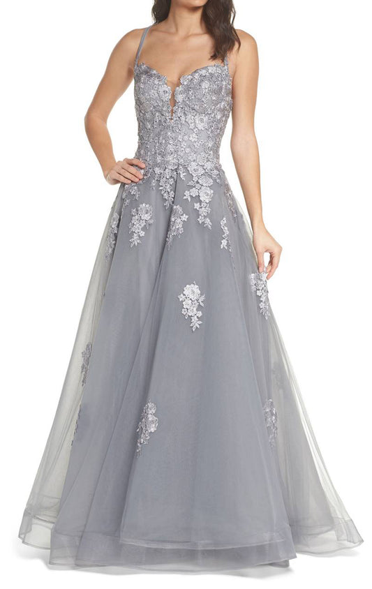 MACloth Spaghetti Straps Lace Tulle Long Prom Dress Silver Formal Evening Gown
