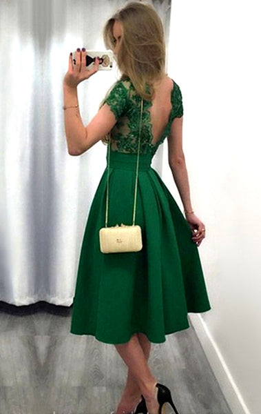MAcloth Cap Sleeves Lace Satin Short Prom Homecoming Dress Green Formal Party Gown
