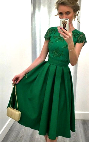 MAcloth Cap Sleeves Lace Satin Short Prom Homecoming Dress Green Formal Party Gown