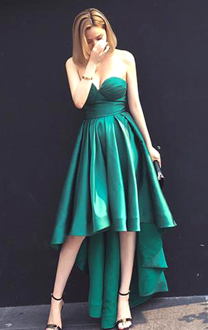Vestido de fiesta de corte alto bajo sin tirantes MACloth, vestido de noche formal verde