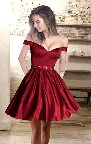 MACloth Off the Shoulder Satin Burgundy Prom Homecoming Dress Pink Formal Party Gown