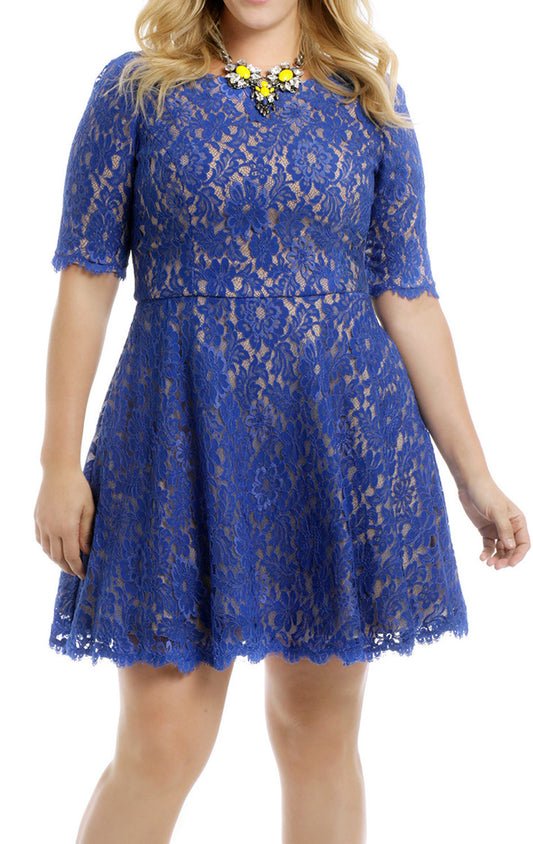 MACloth Half Sleeves Short Lace Cocktail Dress Plus Size Formal Gown
