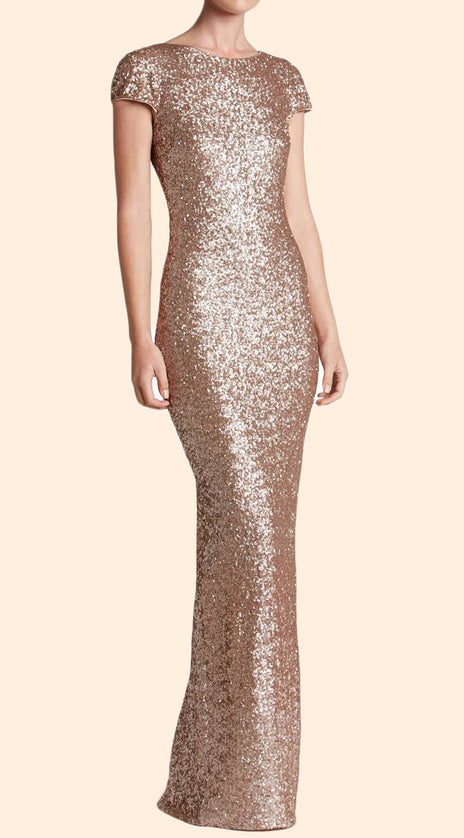 MACloth Cap Sleeves Sequin Rose Gold Long Bridesmaid Dress Simple Prom Gown
