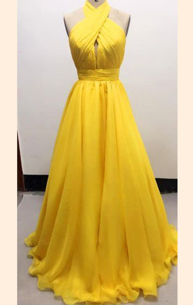 MACloth Halter Sexy Chiffon Yellow Long Prom Dress Simple Evening Formal Gown