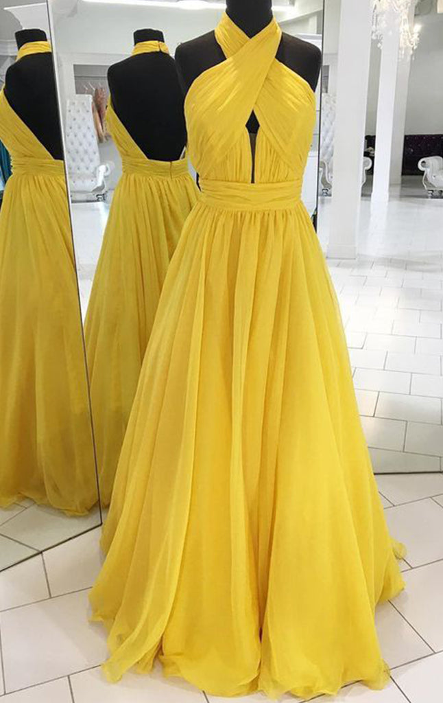MACloth Halter Sexy Chiffon Yellow Long Prom Dress Simple Evening Formal Gown