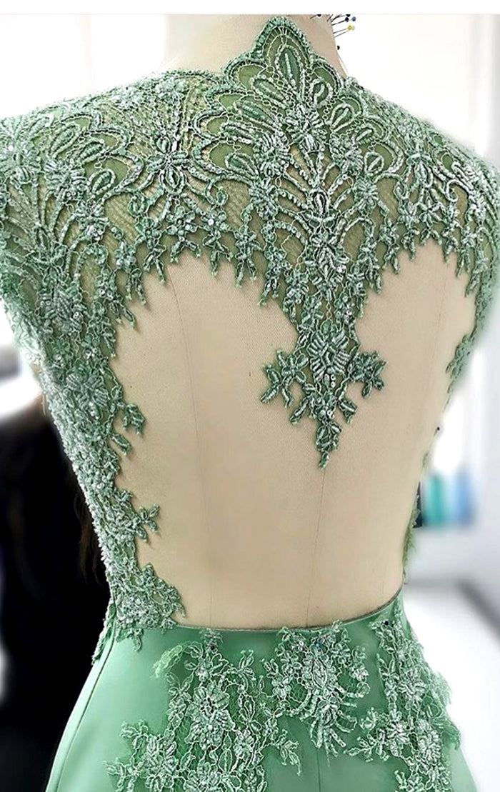 MACloth V Neck Chiffon Lace Long Prom Dress Mint Formal Evening Gown