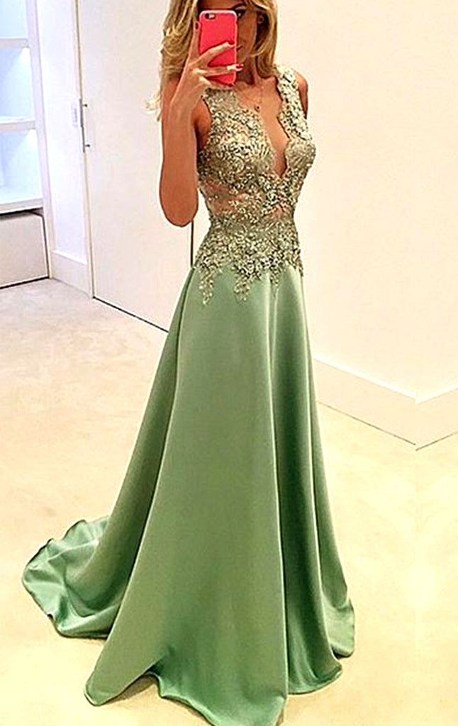 MACloth V Neck Chiffon Lace Long Prom Dress Mint Formal Evening Gown