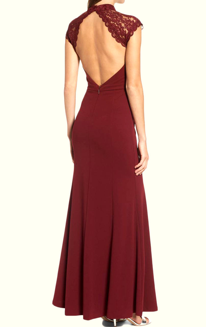 MACloth Hochgeschlossenes, langes Ballkleid aus Spitzenjersey in Burgunderrot, schlichtes, formelles Abendkleid