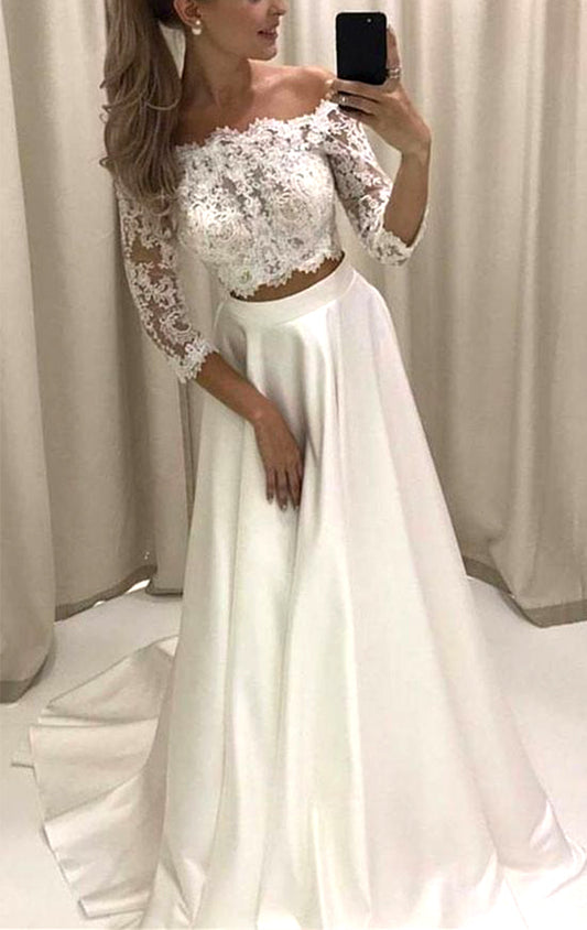 Vestido de fiesta de dos piezas de encaje con mangas 3/4 de MACloth, color marfil, con hombros descubiertos, vestido de noche formal