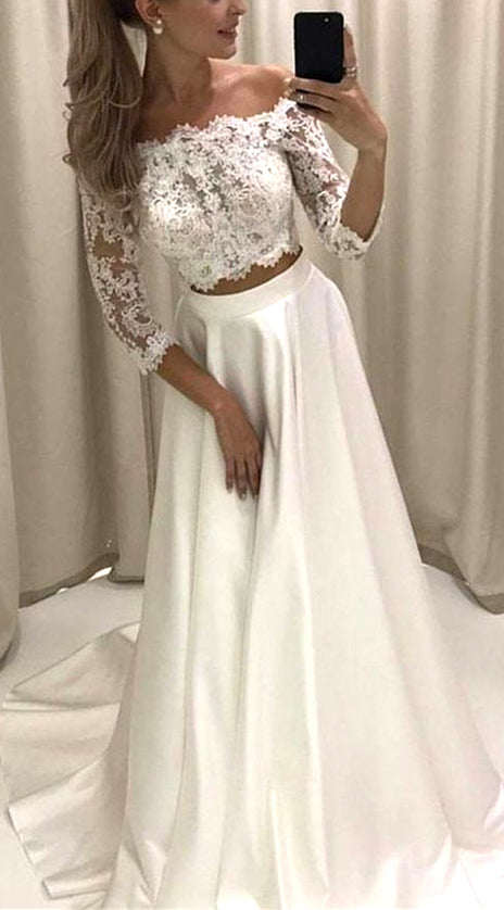 MACloth 3/4 Sleeves Lace Two Piece Ivory Prom Dress Off the Shoulder Formal Evening Gown