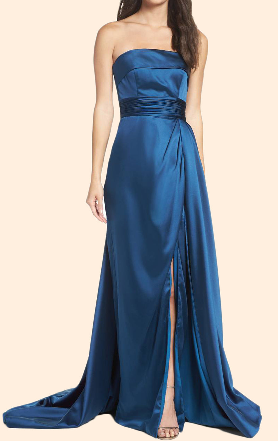 MACloth Strapless Teal Prom Dress with Court Train Elegant Formal Evening Gown